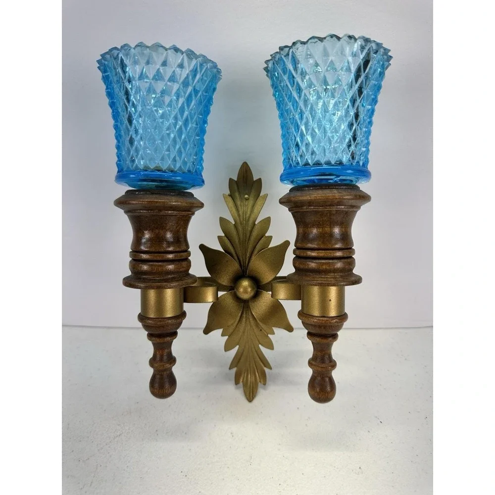 Vintage HTF BLUE Glass Double Wall Candle Sconce Wood Gold Metal 1960s